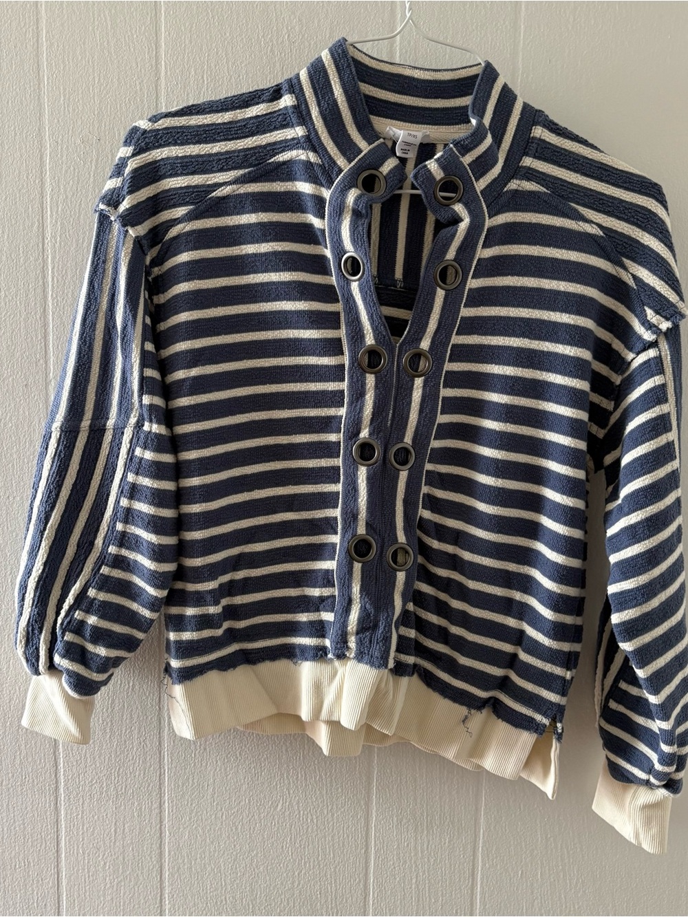 Tribal Navy & Cream Striped Crewneck Pullover with Grommet Detail